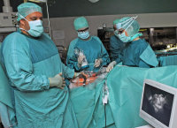 Studienleiter Dr. Siegfried Shah (links) bei der Bildauswertung: Potenziell befallene Lymphknoten werden während der Operation mit einem Farbstoff und einer Spezialkamera sichtbar gemacht - Bild: V. Daum / Bergmannsheil